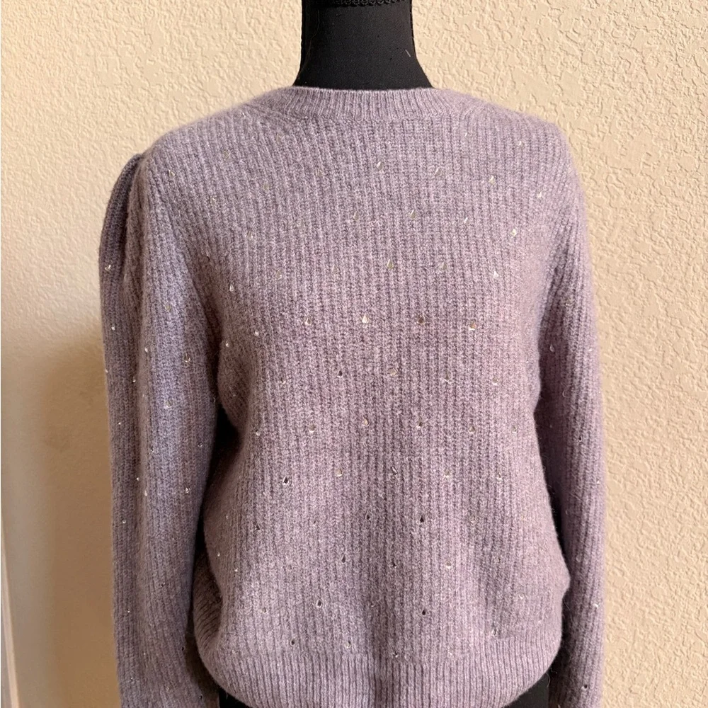 J. Crew Lavender Sequin Puff-Sleeve Crewneck Sweater - Picture 2 of 6